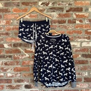 PJ Salvage Carousel Horse Waffle Knit Pajama Set Navy Top M Shorts S‎
